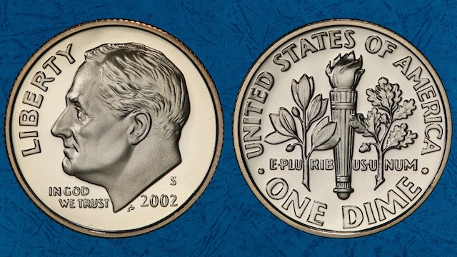 Side-by-side comparison of 2002 dime without Full Bands vs with Full Bands designation on torch reverse