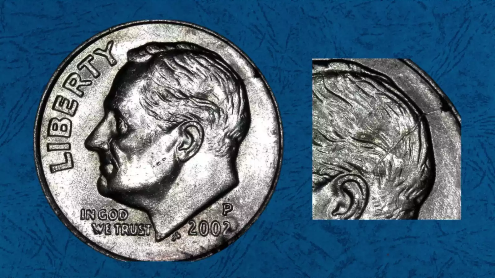 2002 dime die crack and die clash error showing raised line through design