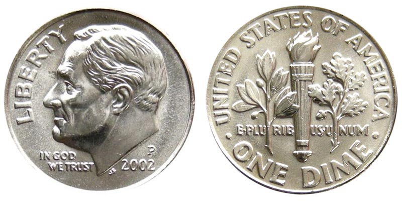 Group of 2002 Roosevelt dimes showing varying grades from worn to uncirculated