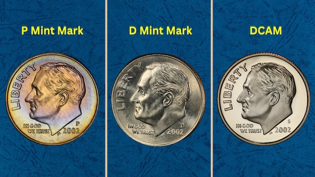 2002 Roosevelt dime grading strip showing four condition tiers from worn to gem uncirculated